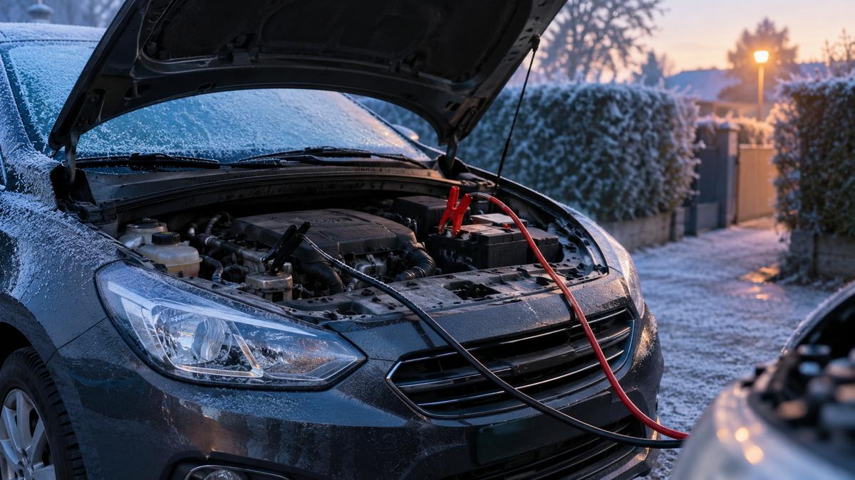 Capot ouvert d’une voiture compacte givrée à l’aube, câbles de démarrage branchés : pince rouge sur la batterie, pince noire sur le moteur