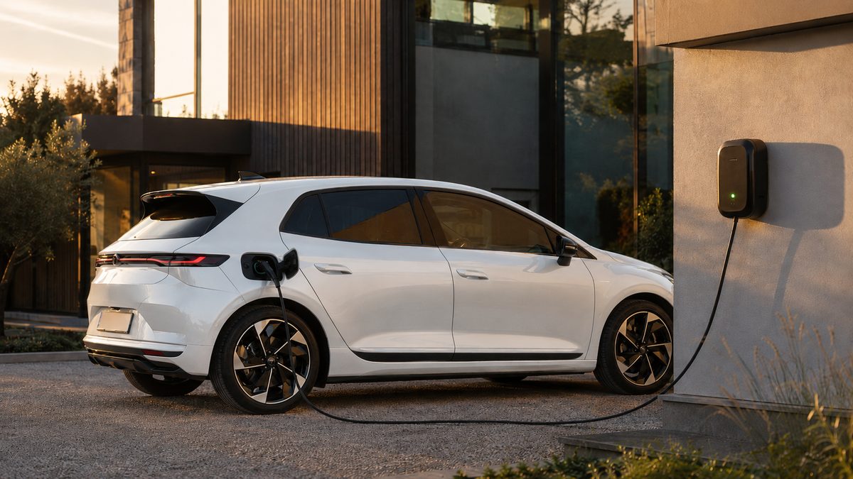 Voiture électrique compacte en charge sur une borne murale au domicile, en fin de journée
