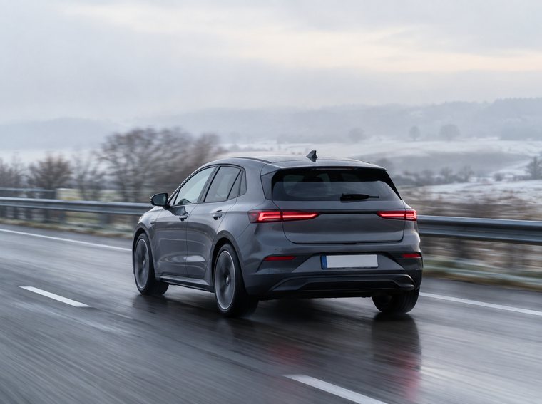 Voiture électrique compacte grise roulant sur une autoroute humide par un matin d’hiver brumeux