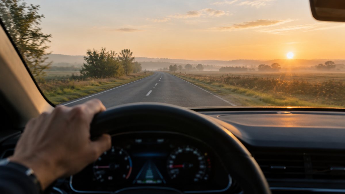 Vue depuis le siège conducteur sur une route de campagne déserte au lever du soleil, une main posée sur le volant