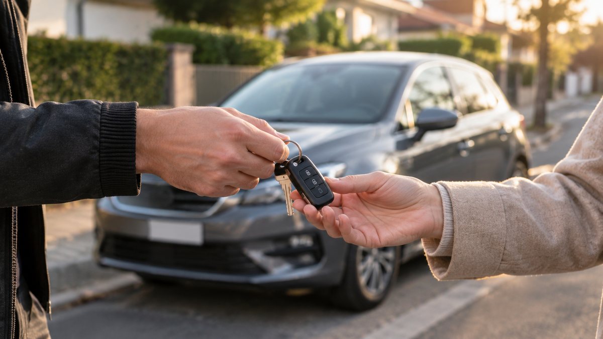Remise des clés d’une voiture entre deux particuliers dans une rue, la main du propriétaire tendant le trousseau au locataire