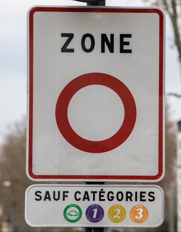 Panneau de ZFE avec le bandeau « sauf catégories » et les pastilles Crit’Air 0 à 3 autorisées